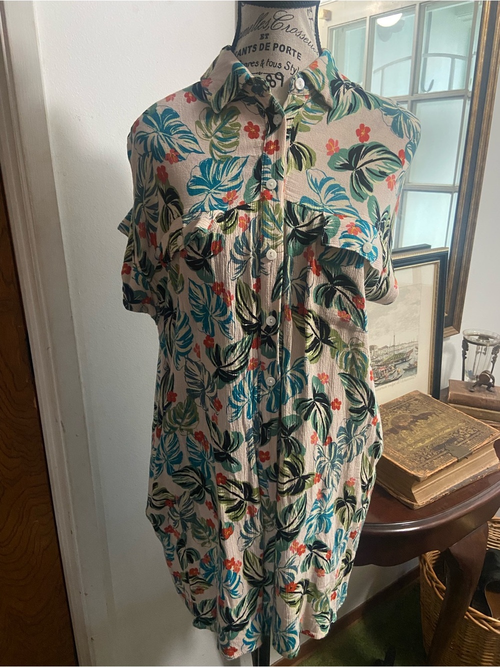 Tropical Print Button-Up Shirt Dress in Cream with Teal & Green Leaves